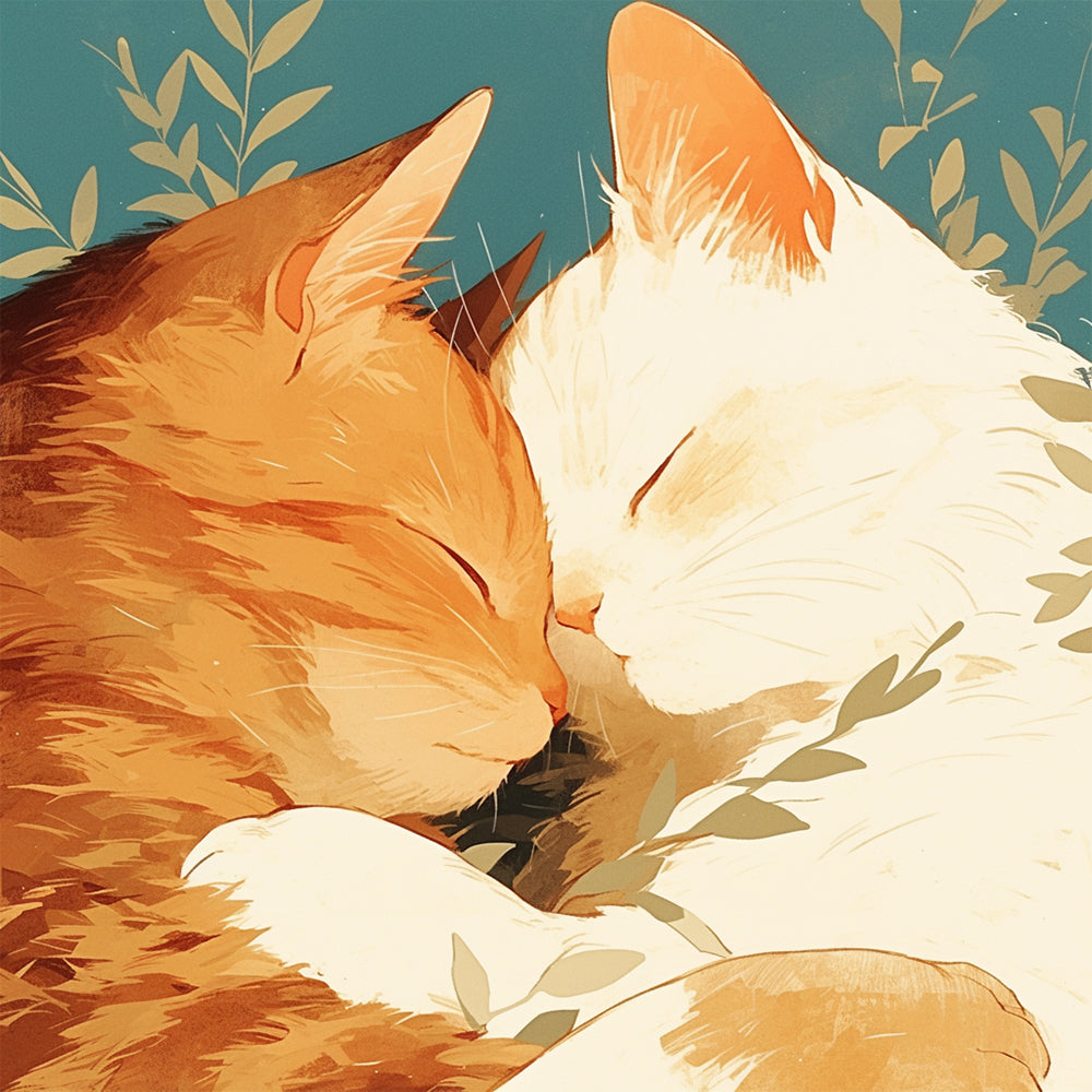 Witte Kat en Oranje Kat Slapen Samen Diamond Painting