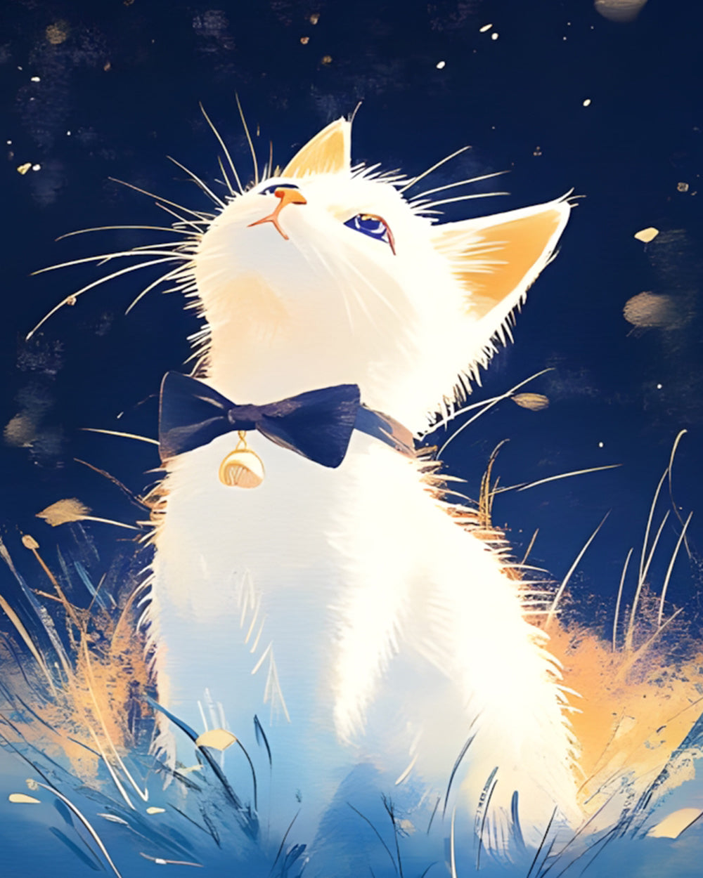 Witte Kat Kijkt omhoog naar de Nachtelijke Hemel Diamond Painting