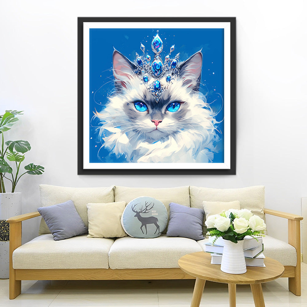 Witte Kat met Saffieren Kroon Diamond Painting