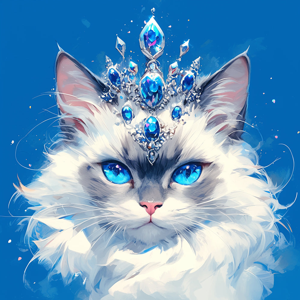 Witte Kat met Saffieren Kroon Diamond Painting
