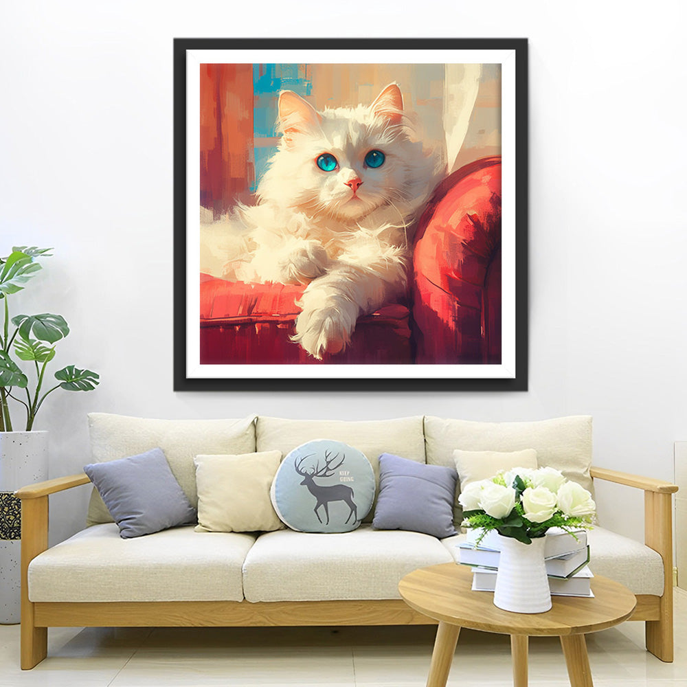 Witte Kat op Rode Bank Diamond Painting