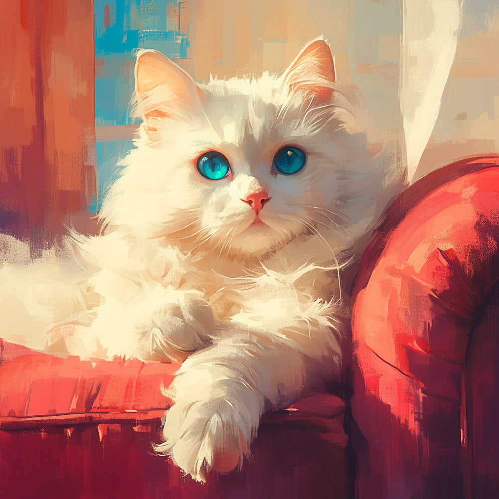 Witte Kat op Rode Bank Diamond Painting