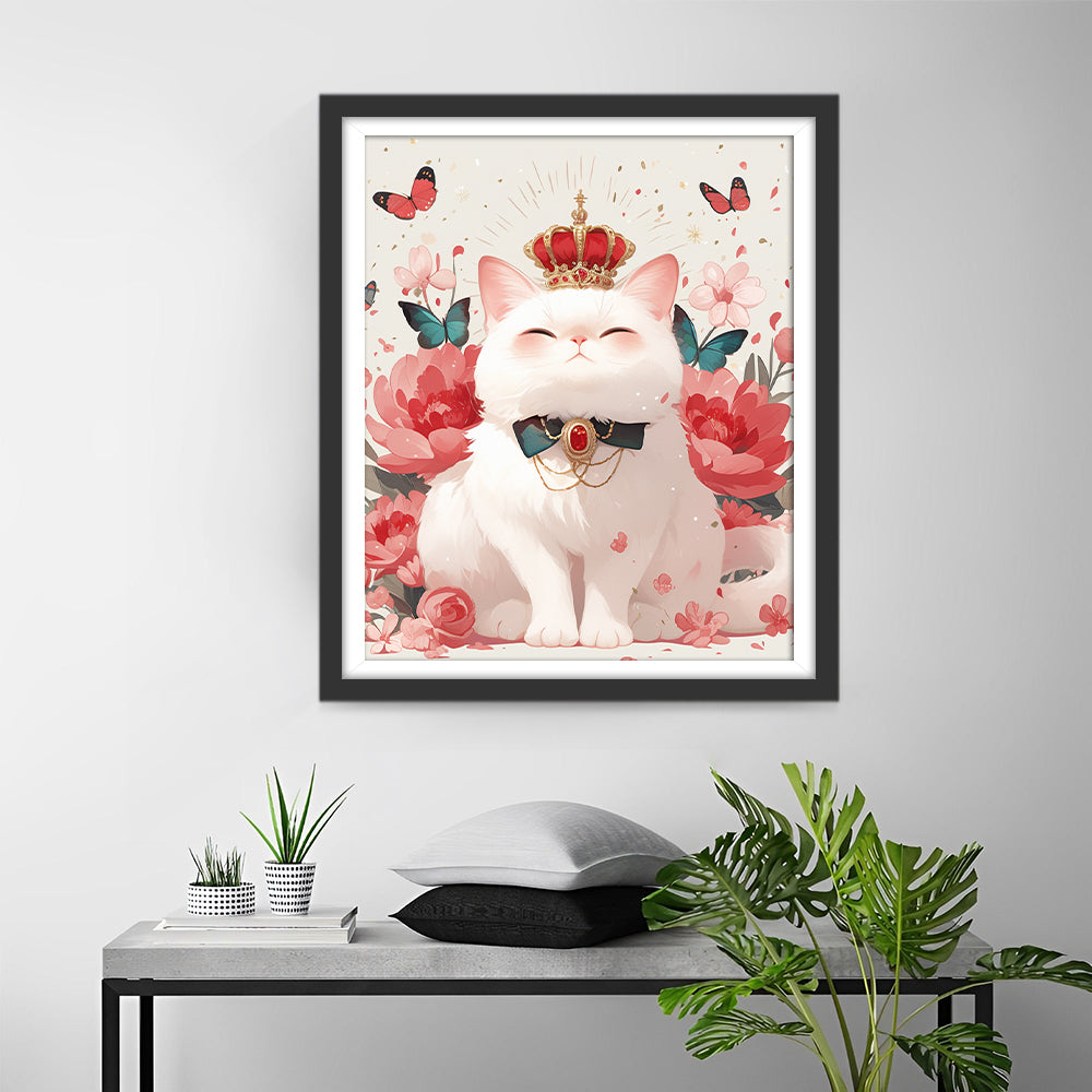 Witte Kattenprinses tussen Bloemen en Vlinders Diamond Painting