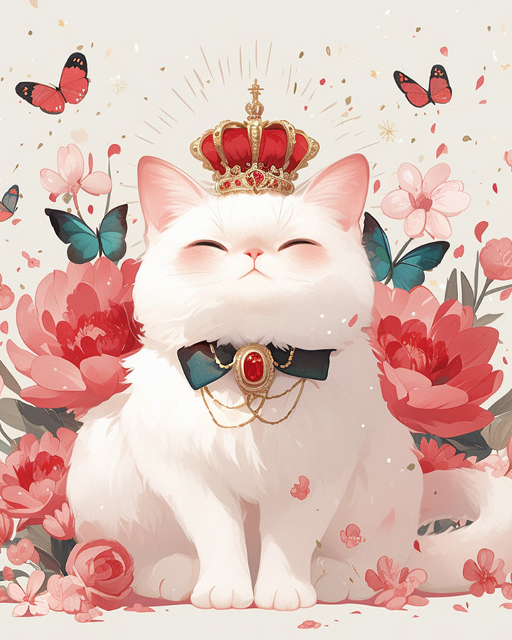 Witte Kattenprinses tussen Bloemen en Vlinders Diamond Painting