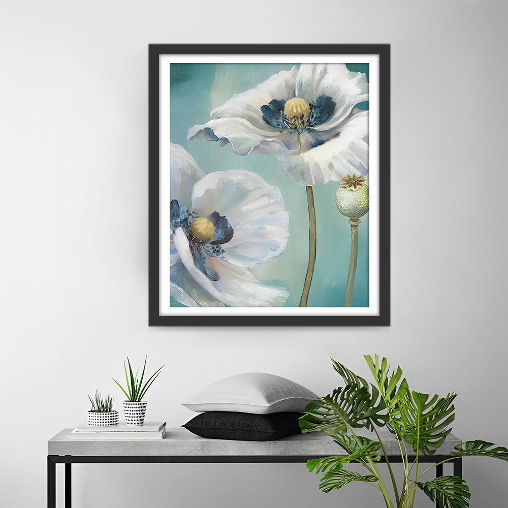 Witte Klaprozen en Knoppen Diamond Painting