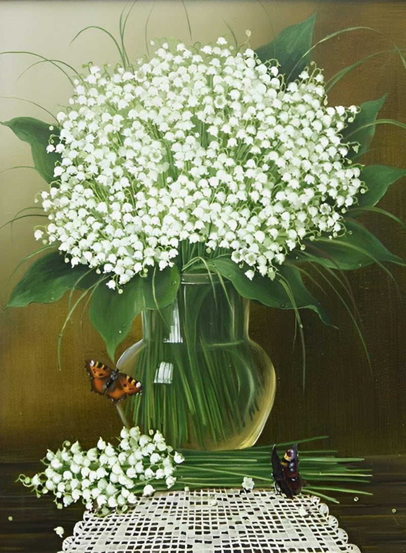 Witte Lelietjes-van-dalen in een Glasvaas Diamond Painting