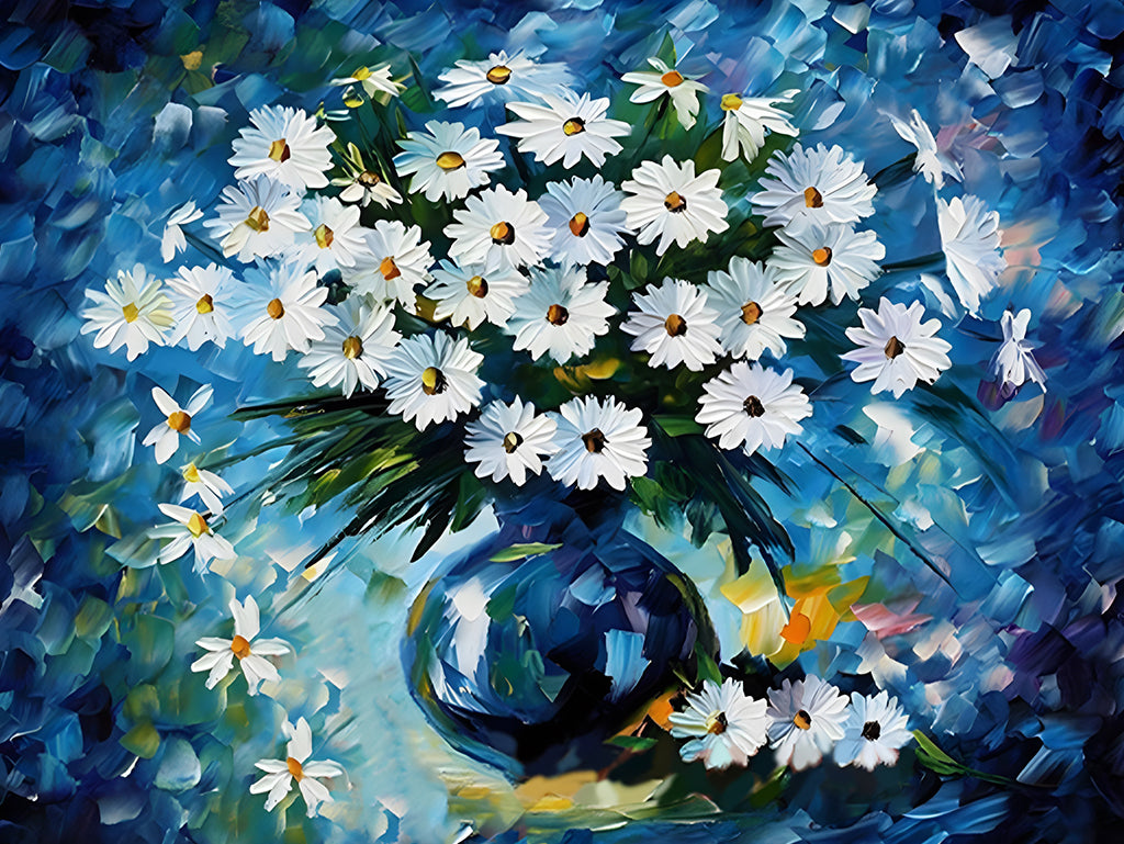 Witte Madeliefjes in Blauwe Vaas op Blauwe Achtergrond Diamond Painting