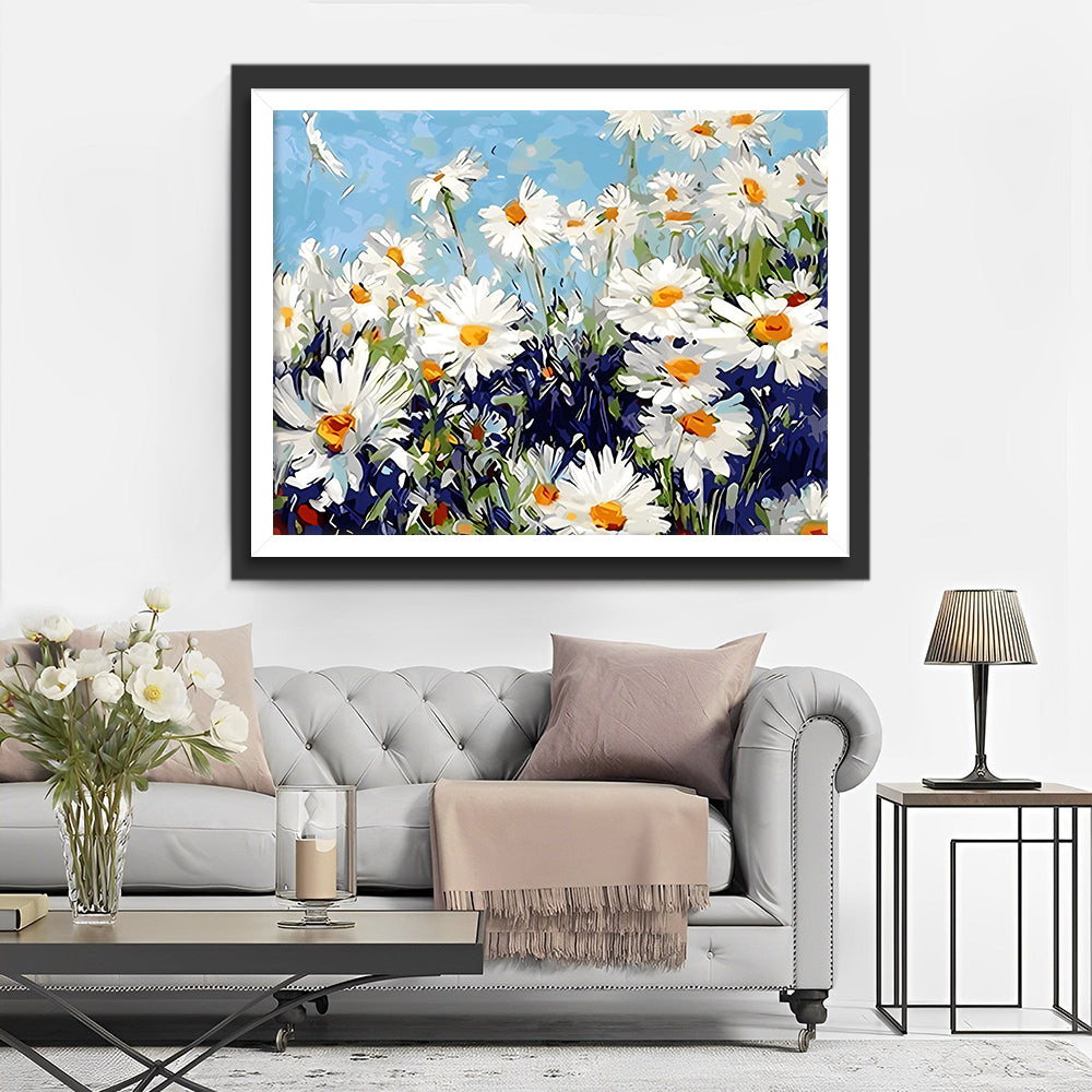 Witte Madeliefjes onder Blauwe Lucht Diamond Painting