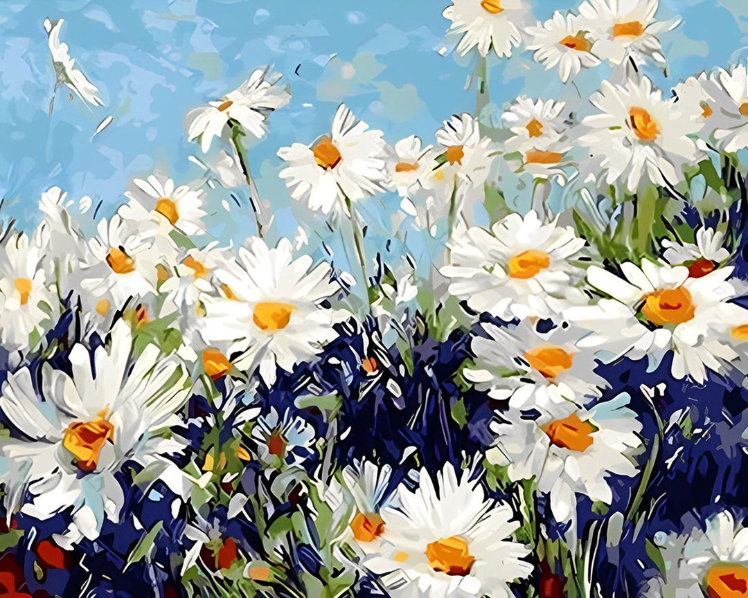 Witte Madeliefjes onder Blauwe Lucht Diamond Painting