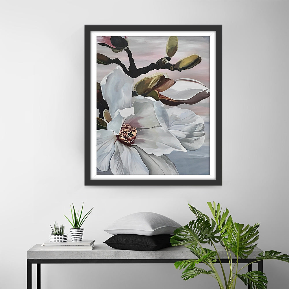 Witte Magnolia Bloemen aan Boom Diamond Painting