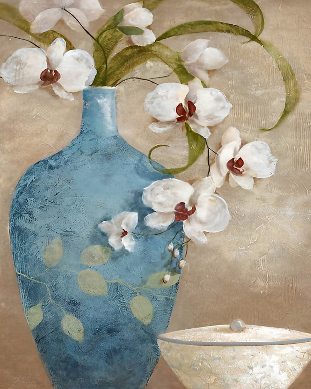 Witte Orchidee in Pauwblauwe Vaas Diamond Painting