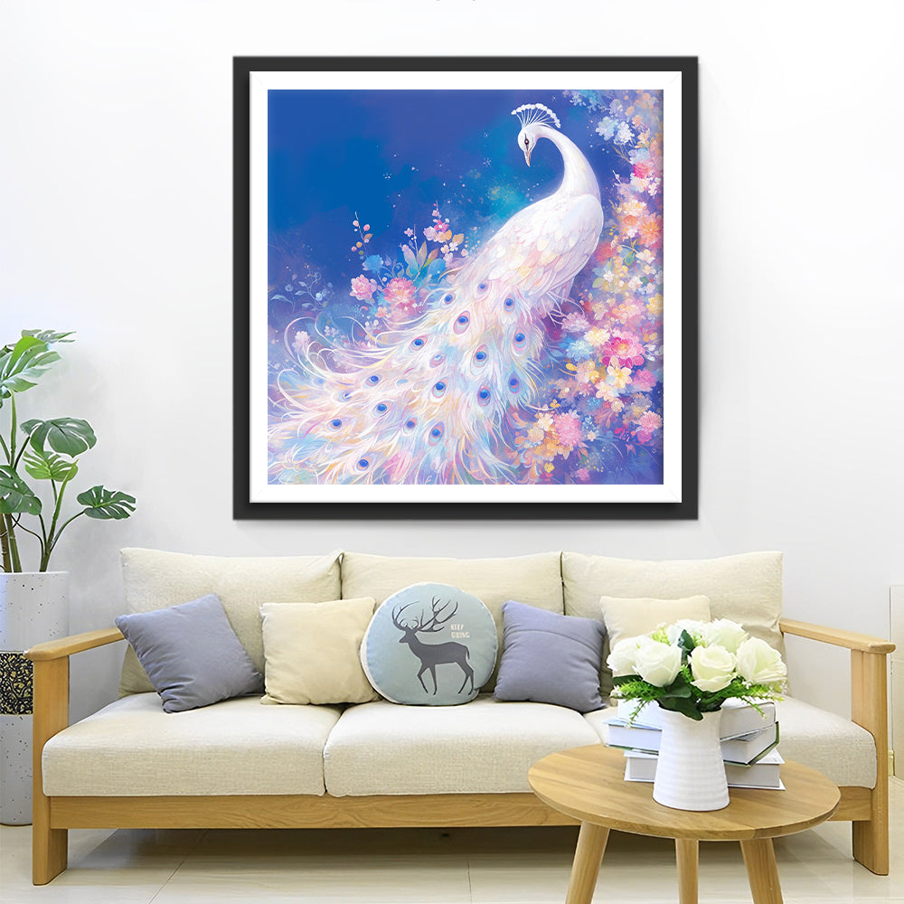Witte Pauw in Kleurrijke Bloemen Diamond Painting