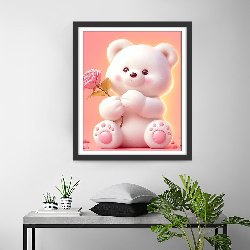 Witte Pop Beer met Roze Roos Diamond Painting