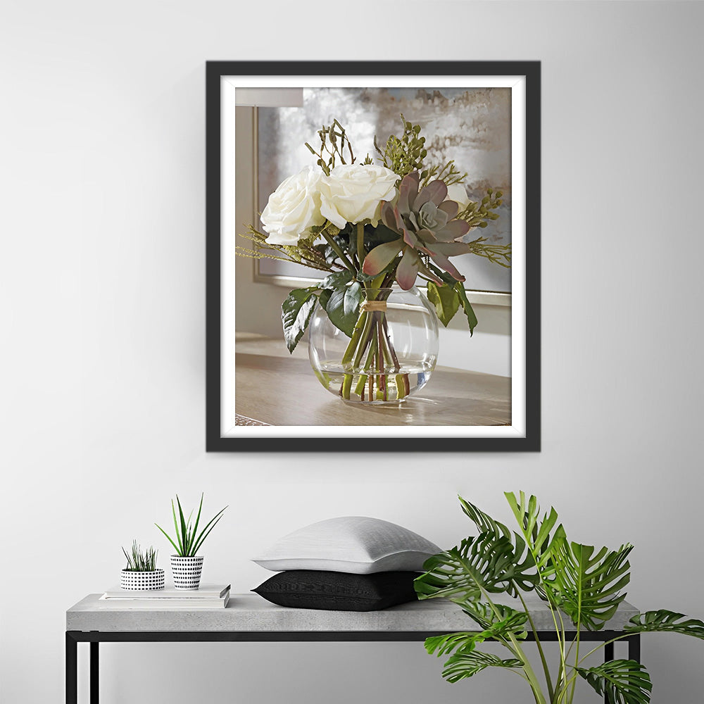 Witte Rozen in Glazen Fles Diamond Painting