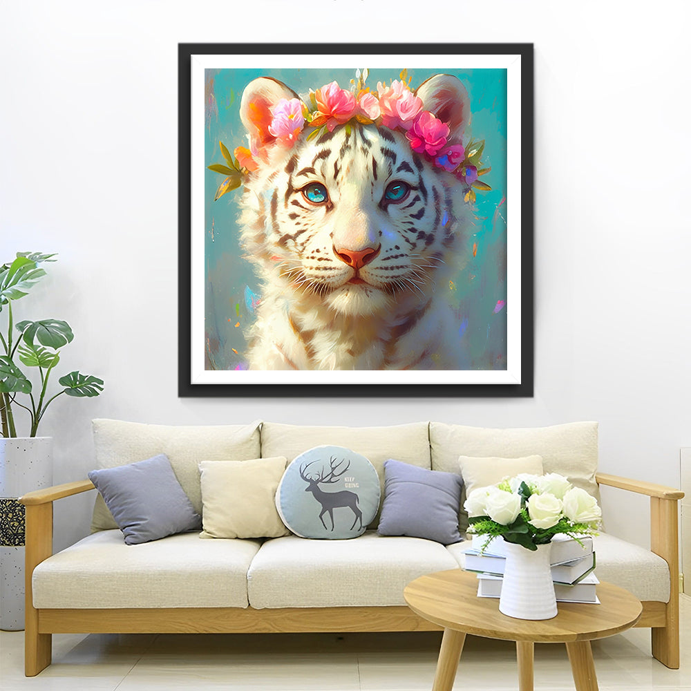 Witte Tijger met Een Bloemenkrans Diamond Painting