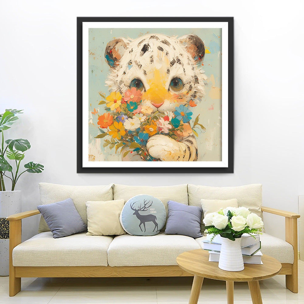 Witte Tijger Welpje met Bloemen Diamond Painting