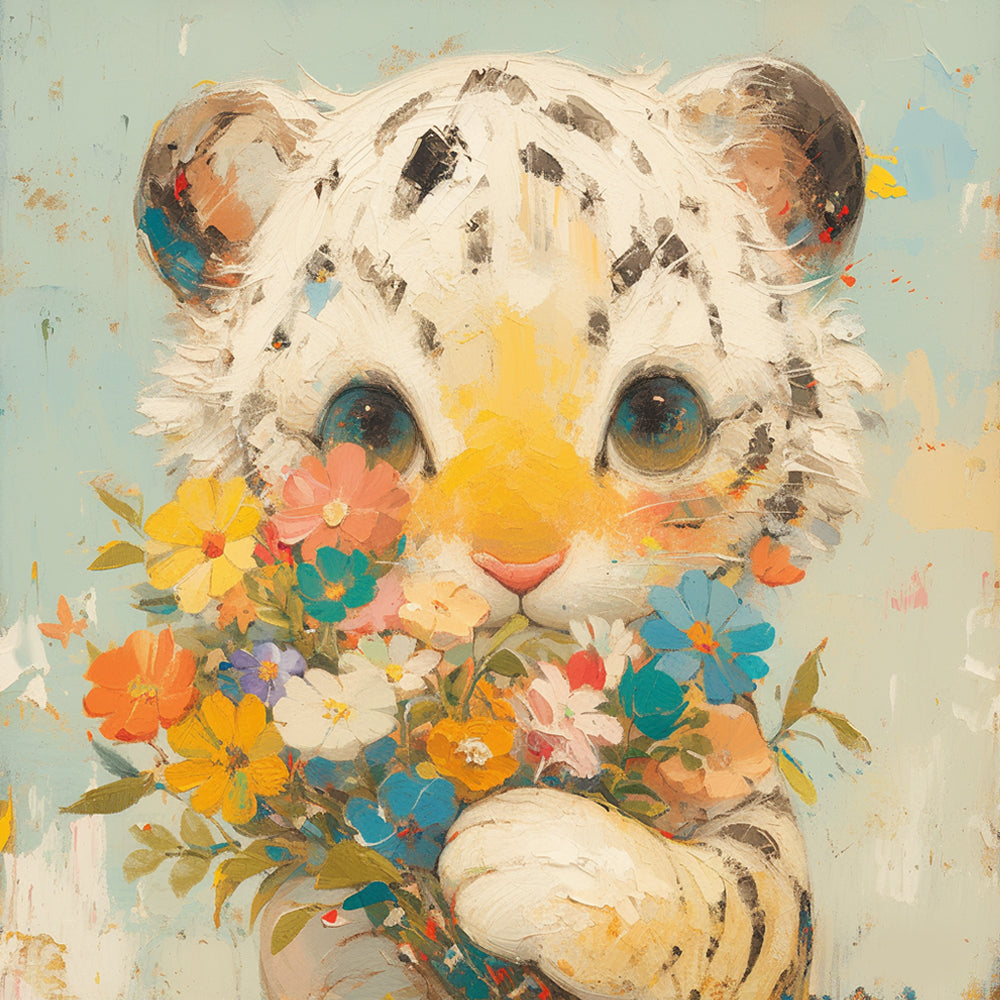 Witte Tijger Welpje met Bloemen Diamond Painting