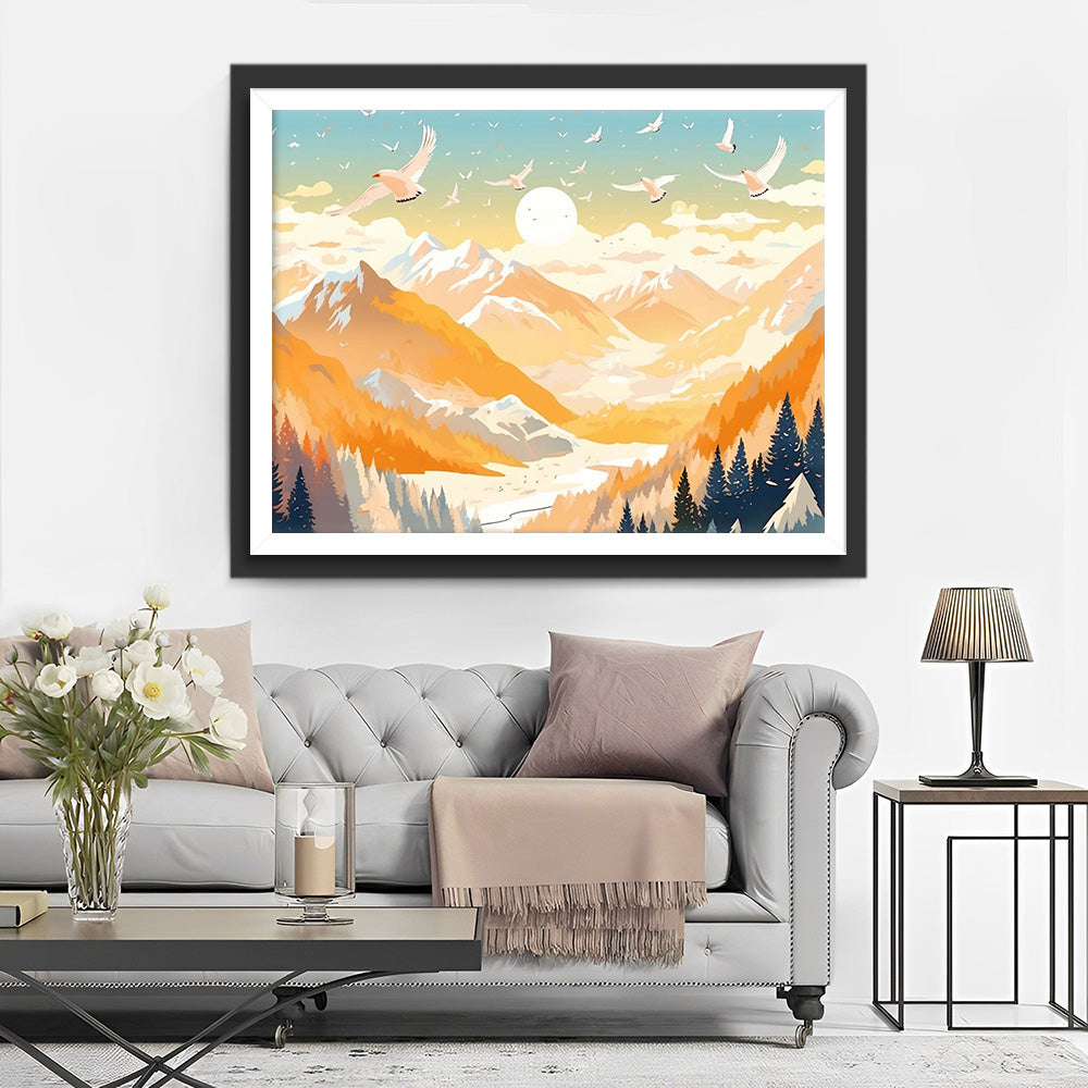 Witte Vogels Vliegend over Hoge Bergen Diamond Painting