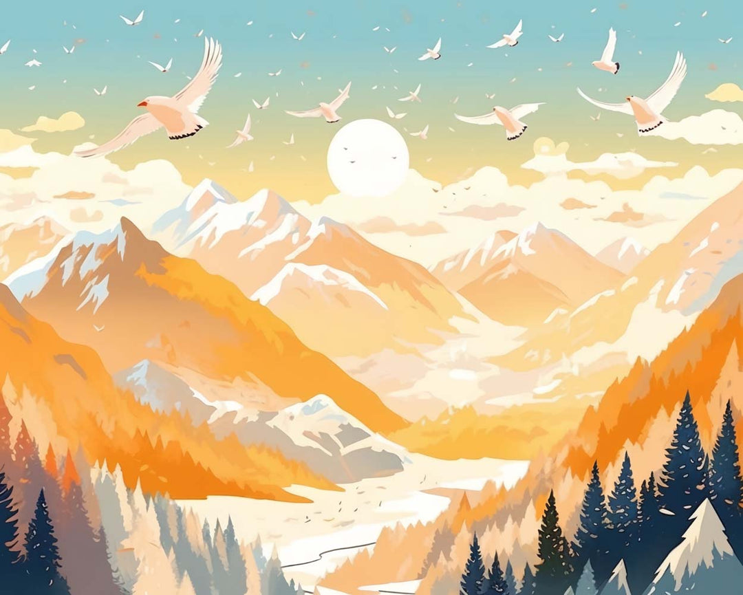 Witte Vogels Vliegend over Hoge Bergen Diamond Painting