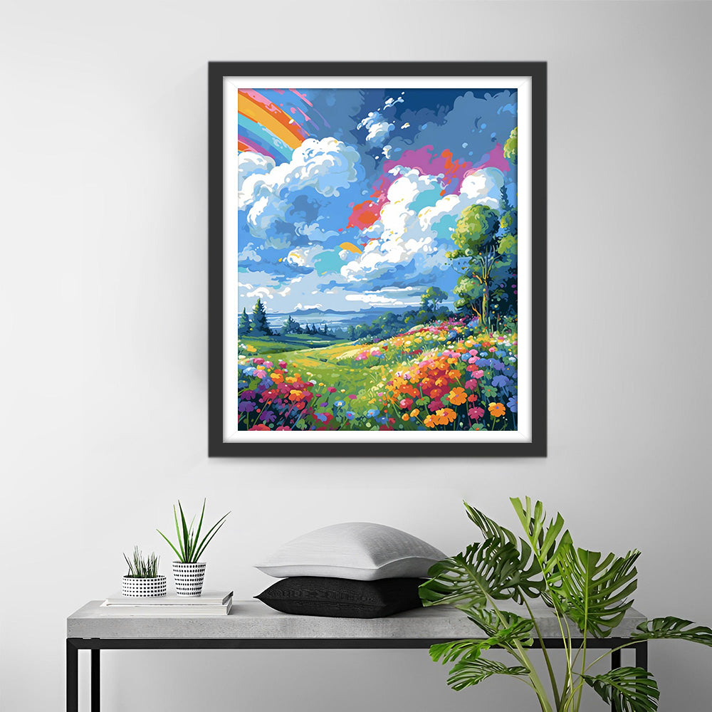 Witte Wolken, Regenboog en Bloemen Diamond Painting