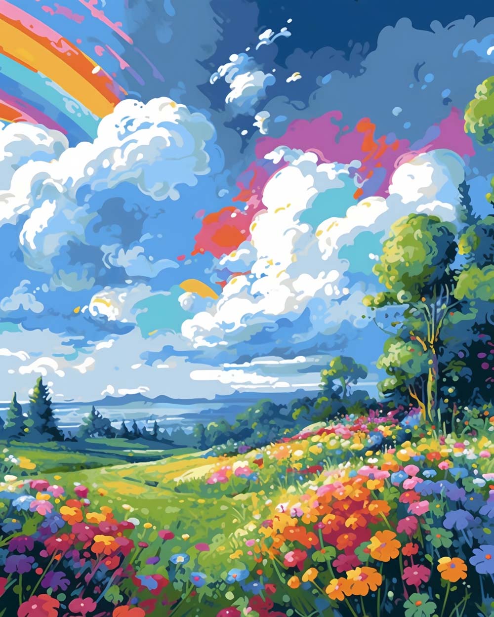 Witte Wolken, Regenboog en Bloemen Diamond Painting