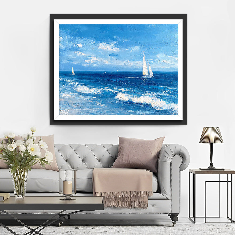 Witte Zeilboten op de Diepe Blauwe Zee Diamond Painting