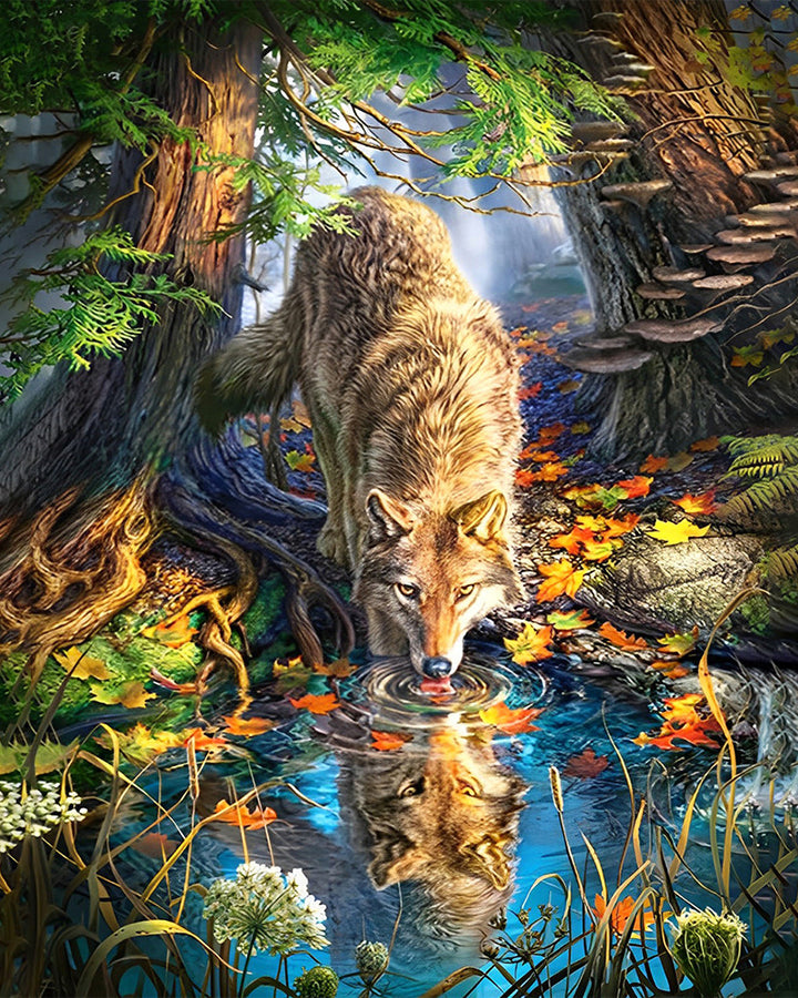 Wolf bij de Stroom Diamond Painting