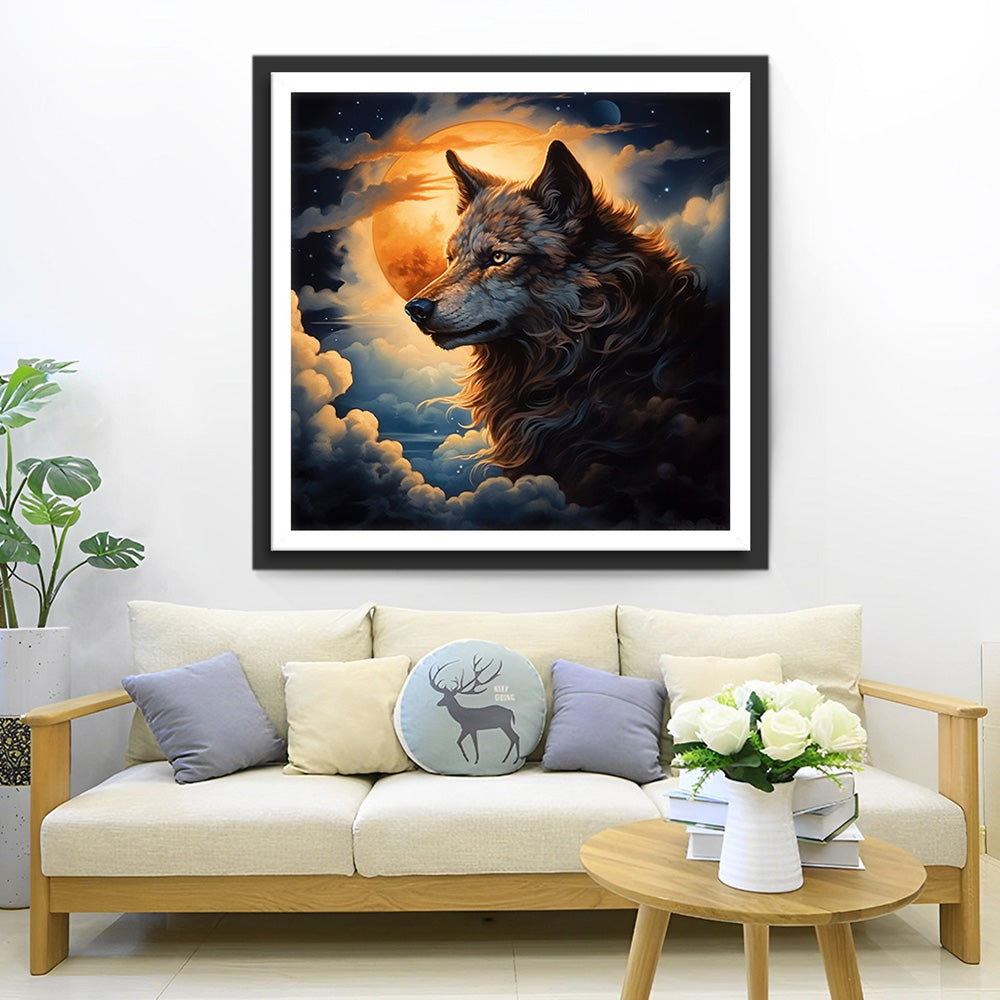 Wolf in de Wolken met Volle Maan Diamond Painting