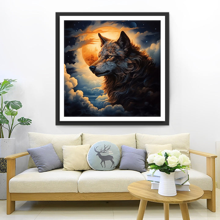 Wolf in de Wolken met Volle Maan Diamond Painting