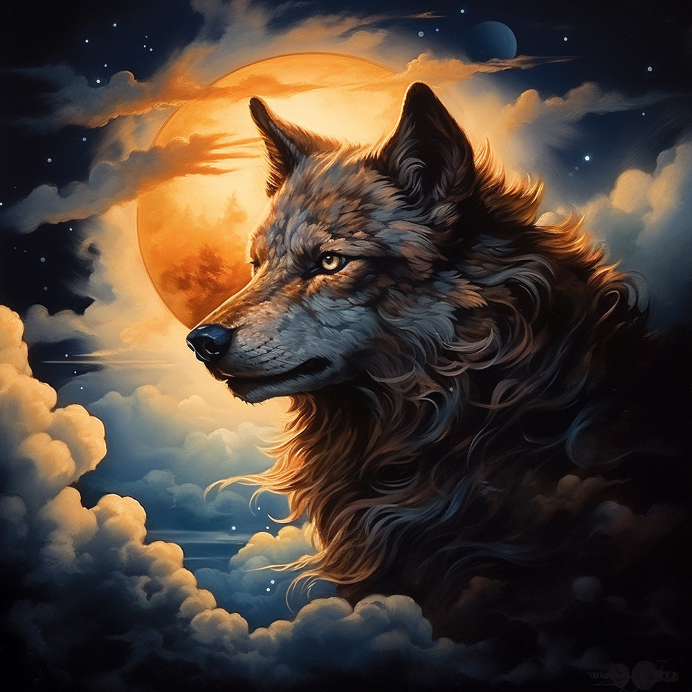 Wolf in de Wolken met Volle Maan Diamond Painting