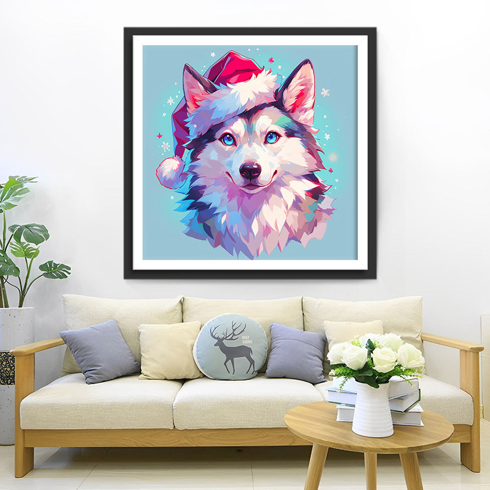 Wolf met Rode Kerstmuts Diamond Painting