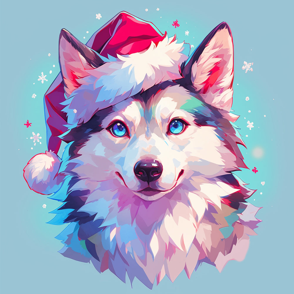 Wolf met Rode Kerstmuts Diamond Painting