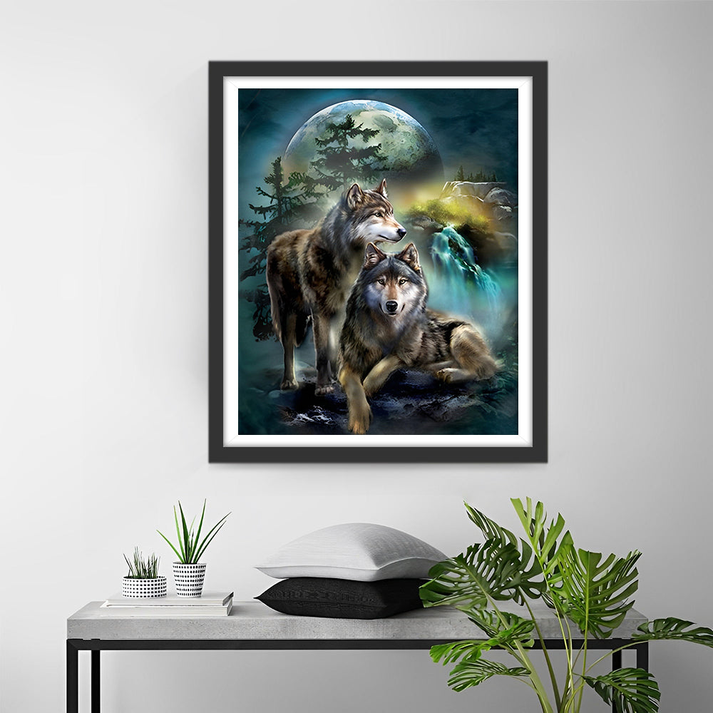 Wolven en Maan 's Nachts Diamond Painting