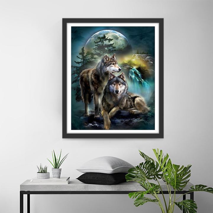 Wolven en Maan 's Nachts Diamond Painting