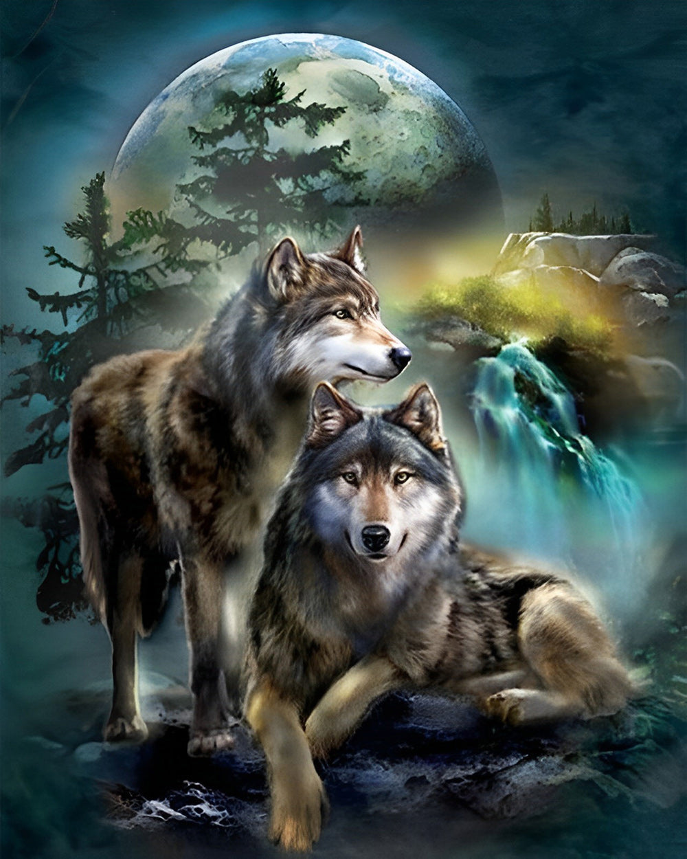 Wolven en Maan 's Nachts Diamond Painting
