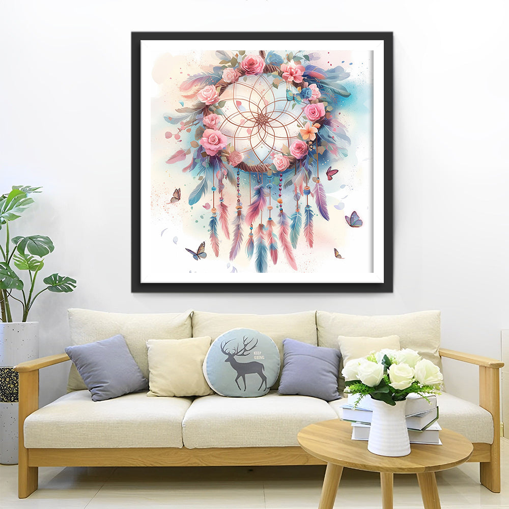 Zachte Dromenvanger met Bloemenkrans en Hangende Veren Diamond Painting