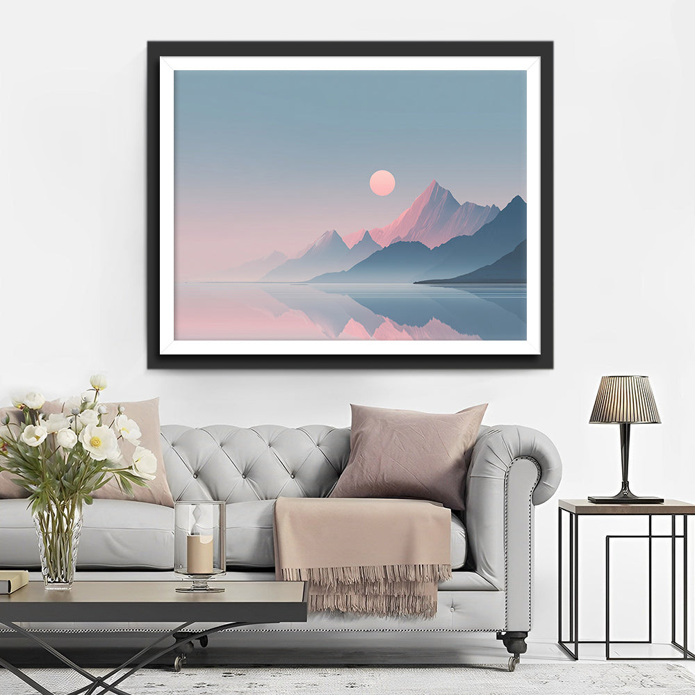 Zachte Roze-Blauwe Minimalistische Berglandschap Diamond Painting