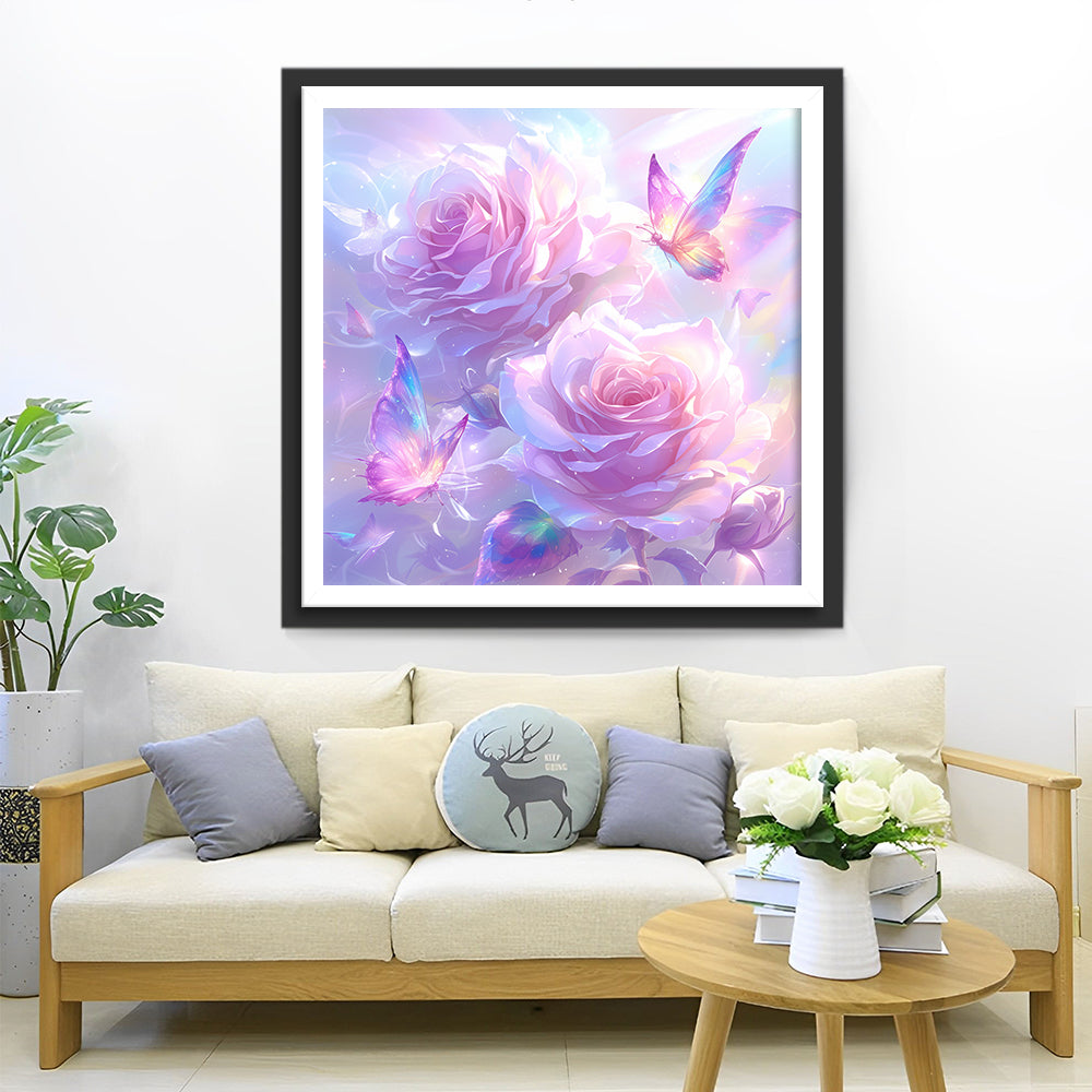 Zachte Roze Rozen en Vlinders in een Dromerige Sfeer Diamond Painting