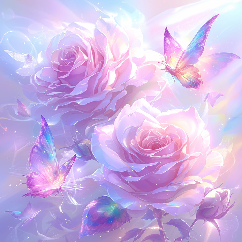 Zachte Roze Rozen en Vlinders in een Dromerige Sfeer Diamond Painting