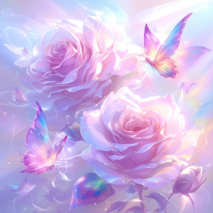 Zachte Roze Rozen en Vlinders in een Dromerige Sfeer Diamond Painting