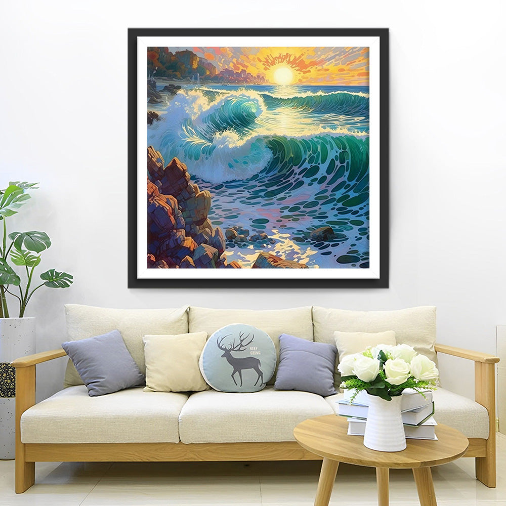 Zee Golven Slaan tegen de Rotsen Diamond Painting