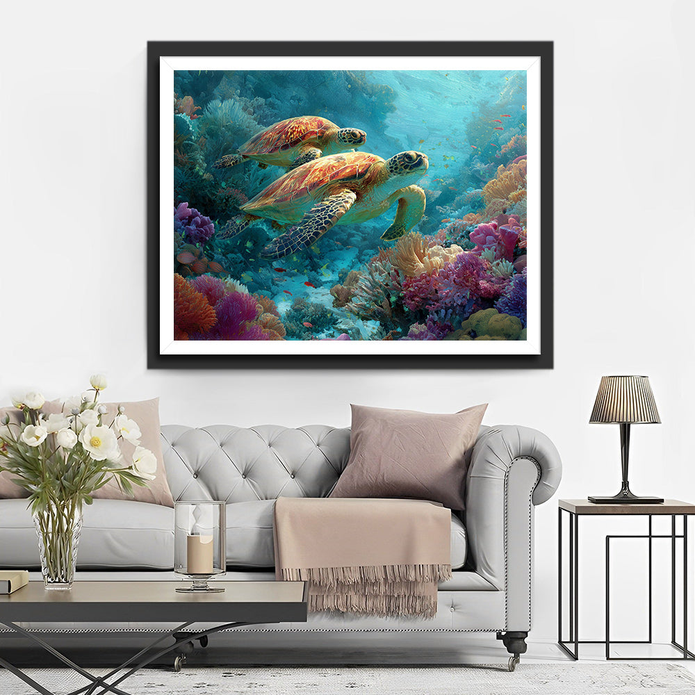 Zeeschildpadden Zwemmen Tussen de Koraalriffen Diamond Painting