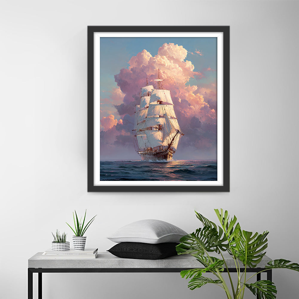 Zeilschip op Zee onder Roze Wolken Diamond Painting