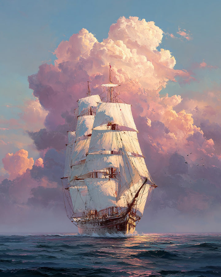 Zeilschip op Zee onder Roze Wolken Diamond Painting