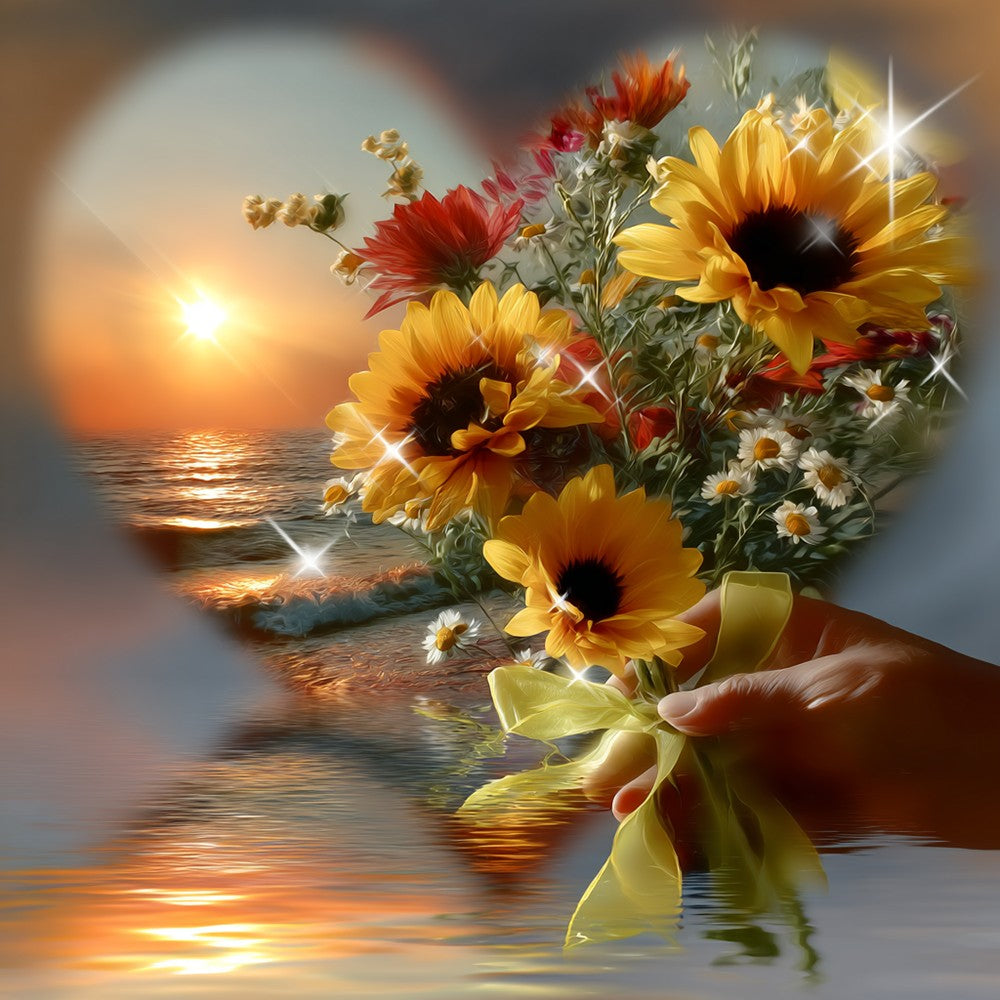 Zonnebloem- en Madeliefboeket met Hart Diamond Painting