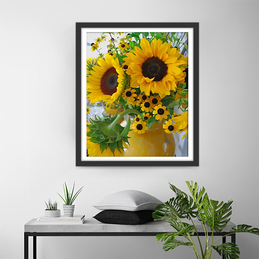 Zonnebloemboeketten in Gele Vaas Diamond Painting
