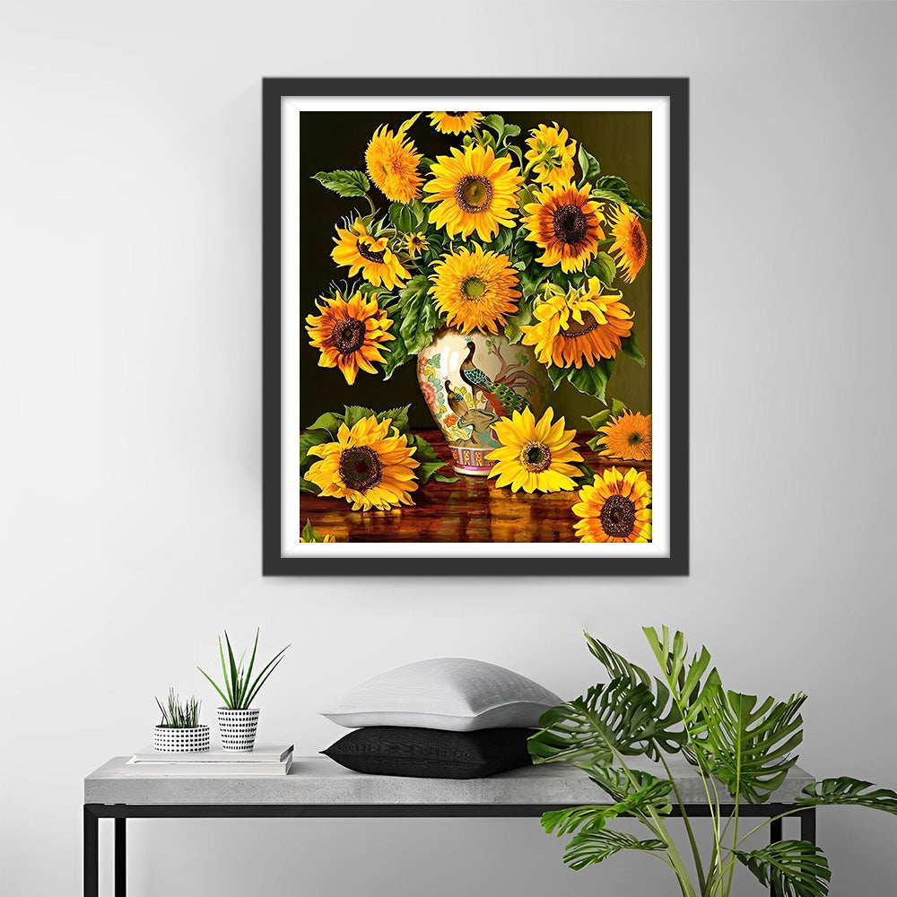 Zonnebloemboeketten in Pauwenvaas Diamond Painting