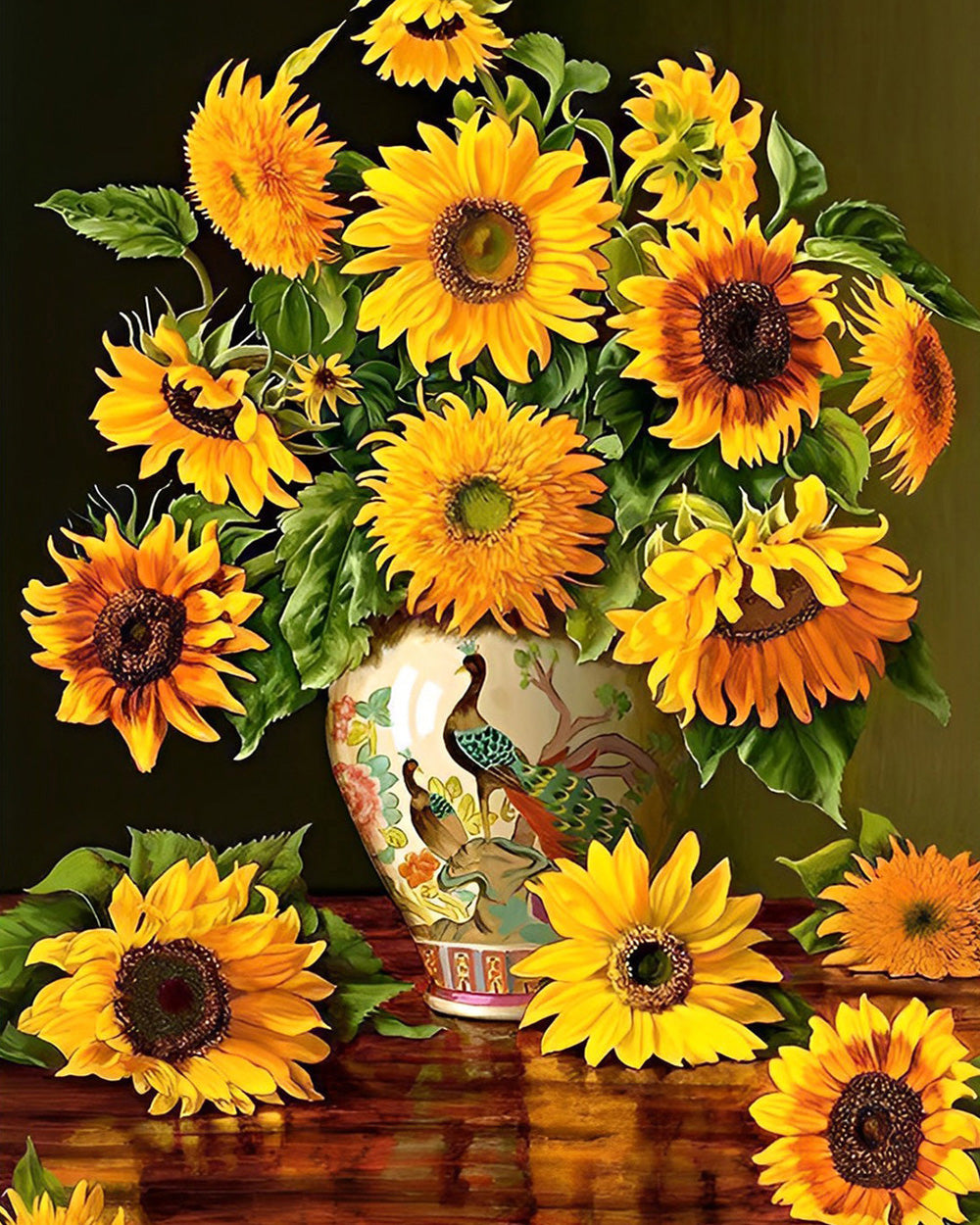 Zonnebloemboeketten in Pauwenvaas Diamond Painting