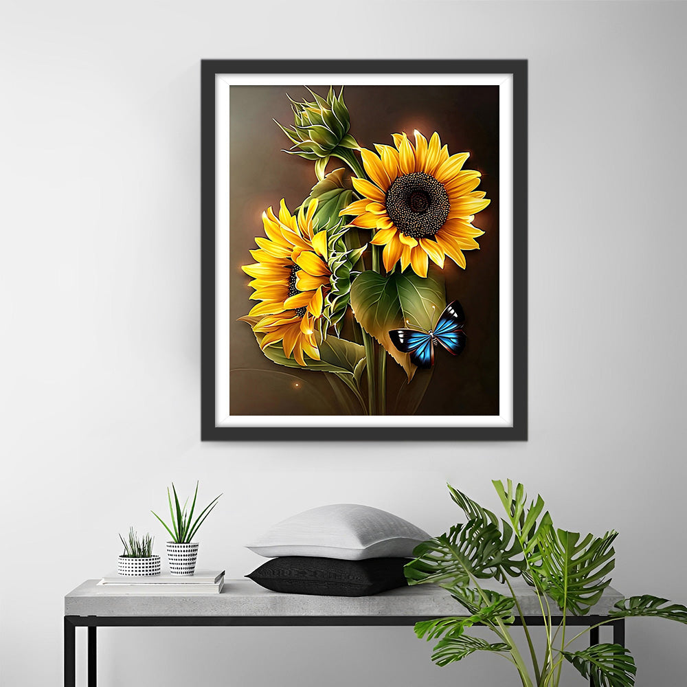 Zonnebloemen en Blauwe Vlinder Diamond Painting