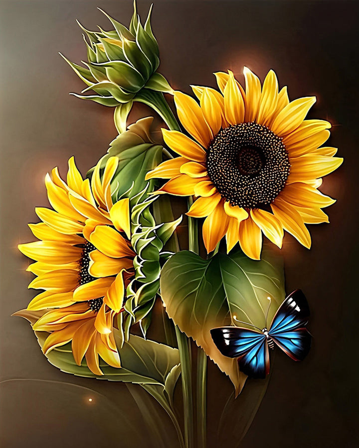 Zonnebloemen en Blauwe Vlinder Diamond Painting